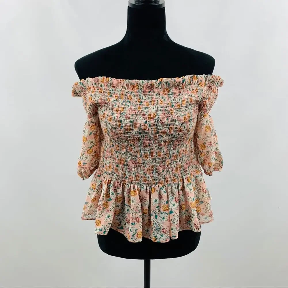 Socialite Ruched Peplum Waist Floral Off Shoulder - Picture 7 of 12